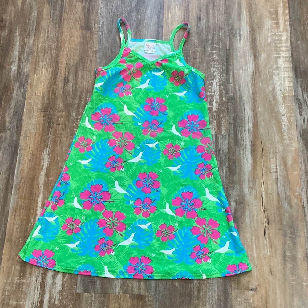 Hula Bay Tropical Green Dress with Pink and Blue Flowers